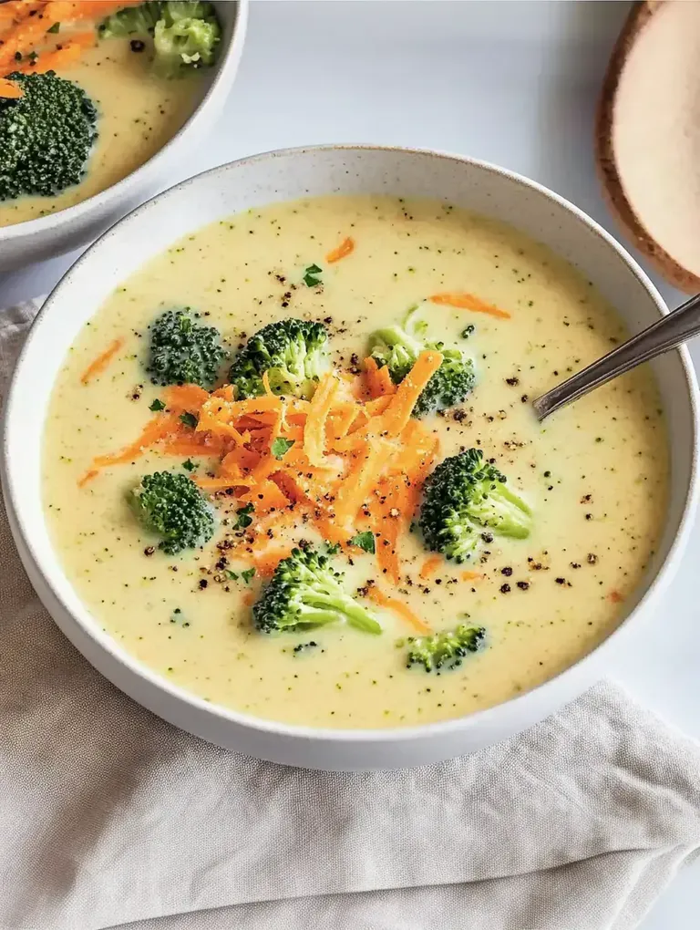 Eine Schüssel Brokkoli-Karottensuppe mit geriebenen Karotten, Brokkoliröschen und Pfeffer auf einer hellen Tischoberfläche.