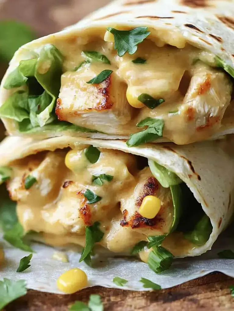 Ein näher gezoomter Blick auf zwei gefüllte Tortillas, die mit gegrilltem Hähnchen, grüner Paprika, Mais und einer cremigen Sauce belegt sind.