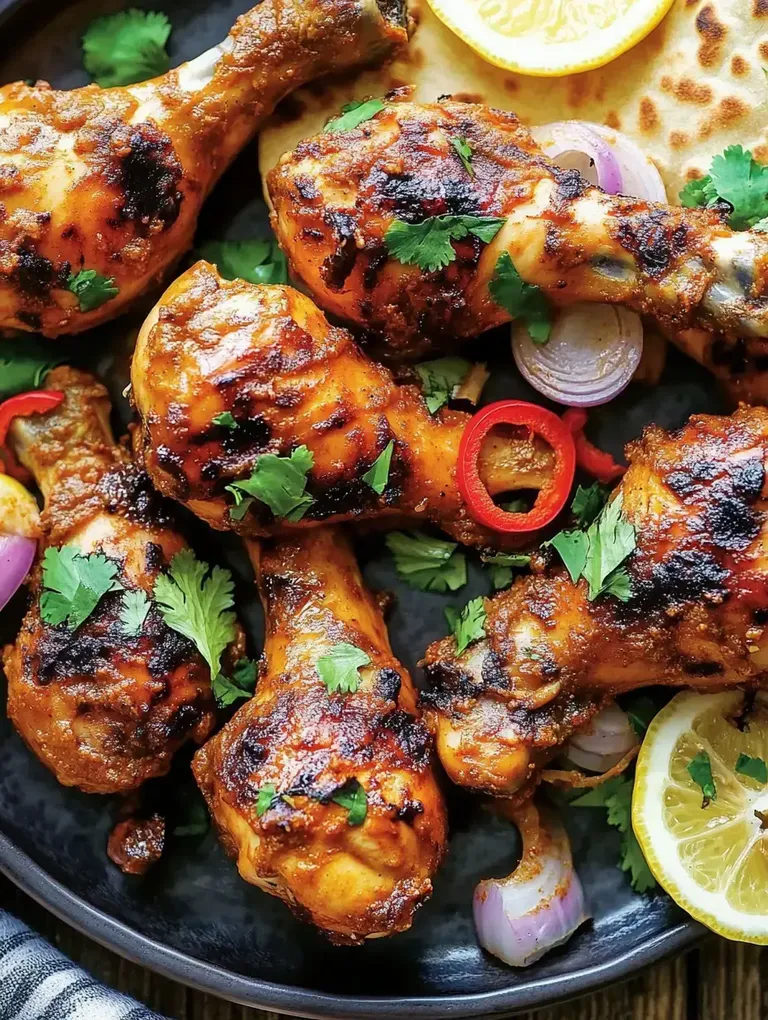 Ein Teller mit gegrillten Hähnchenschenkeln, garniert mit Koriander, Zwiebeln und roten Chillischoten, neben einer Zitronenscheibe und einem Fladenbrot.