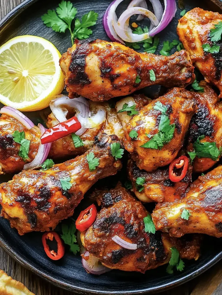 Gegrillte Hähnchenschenkel, gewürzt mit Orangensauce, garniert mit roten Zwiebeln, Koriander und einer Zitronenscheibe.