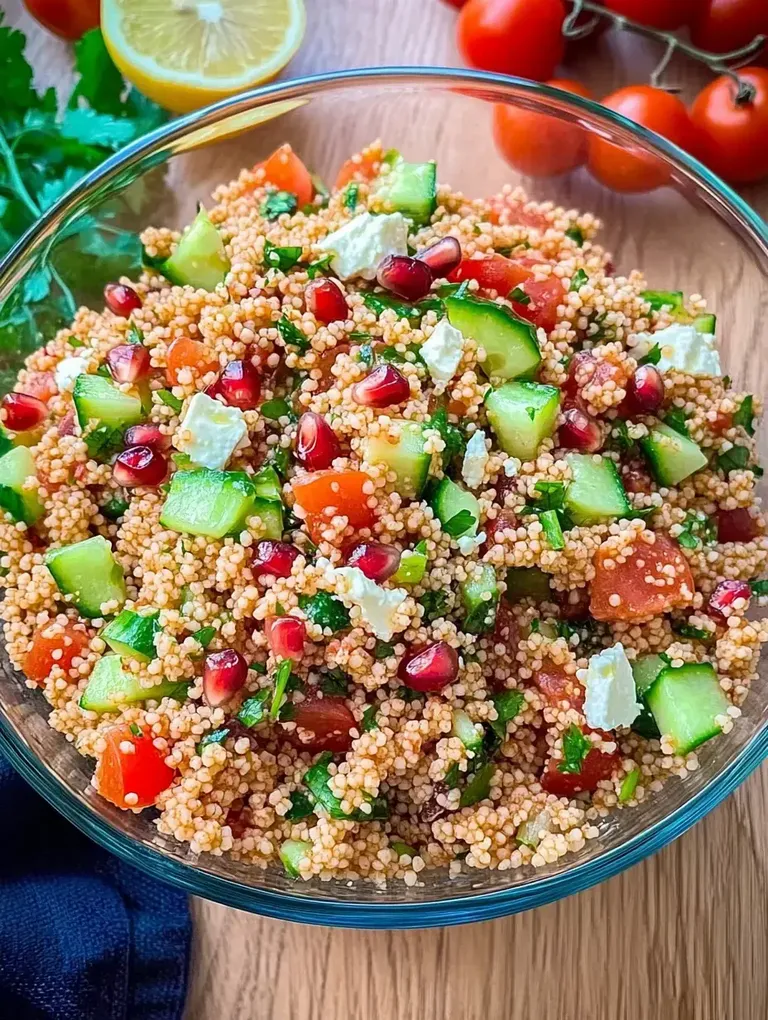 Ein bunter Salat aus Quinoa, Gurken, Tomaten, Granatapfelkernen und einem Hauch Feta in einer Glasschüssel.