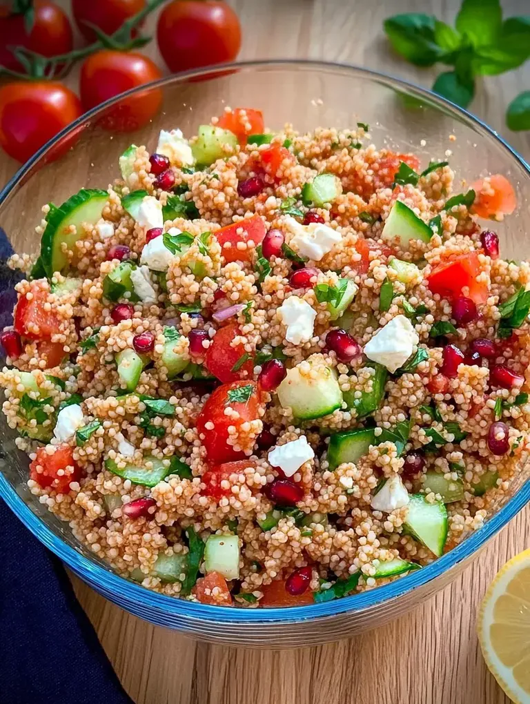 Ein bunter Couscous-Salat mit Tomaten, Gurken, Granatapfelkernen und Feta in einer Glasschüssel.