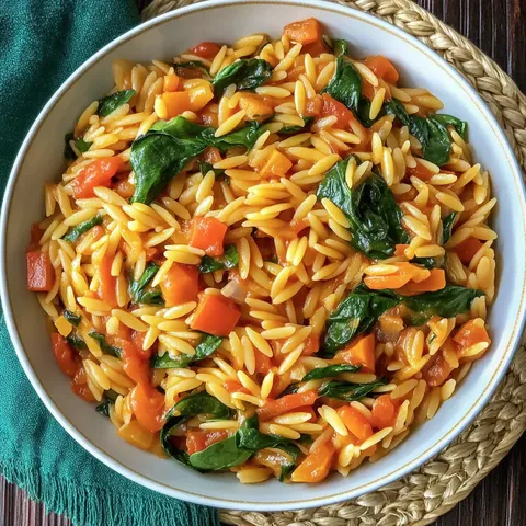 Orzo Pasta Eintopf mit Blattspinat