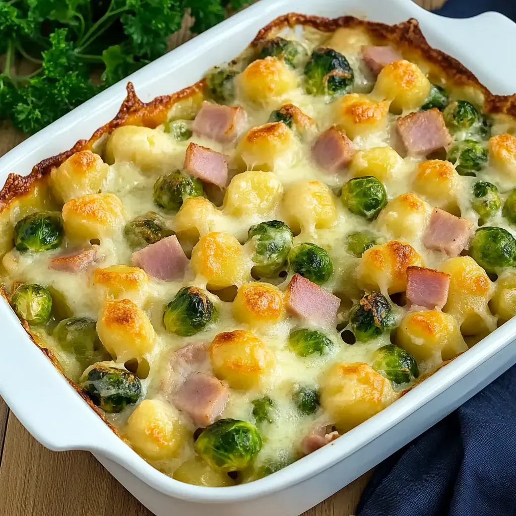 Gnocchi Auflauf mit Rosenkohl und Schinken