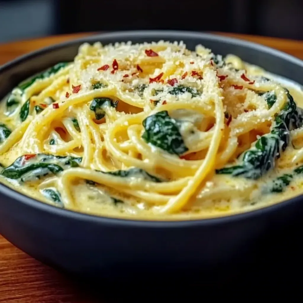 A bowl of spaghetti with cheese and spinach.