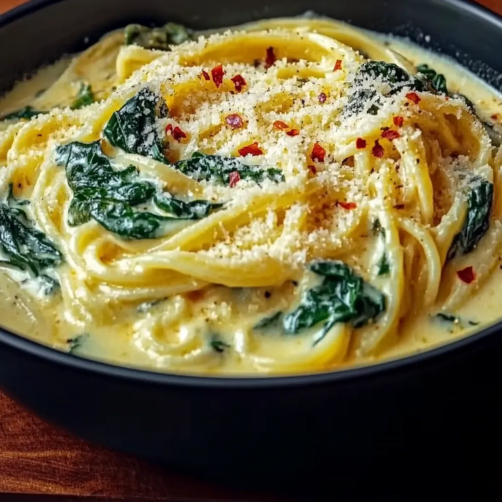 A bowl of pasta with spinach and cheese.