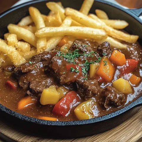 Ham mit Sauce und Frites in einem Schalen.