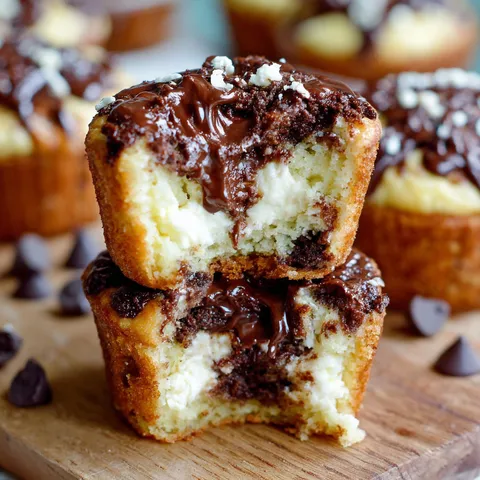 A stack of chocolate chip muffins with chocolate drizzled on top.