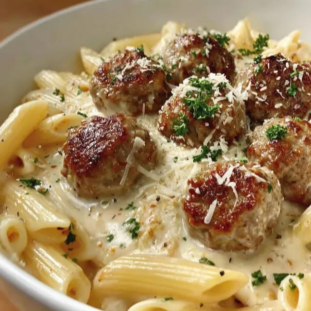 A bowl of creamy meatballs with pasta.