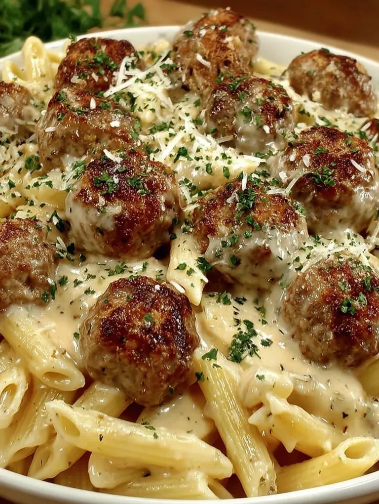 A plate of pasta with meatballs on top.