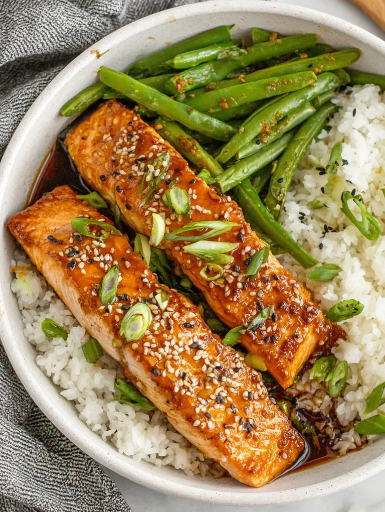 A bowl of food with salmon and green beans.