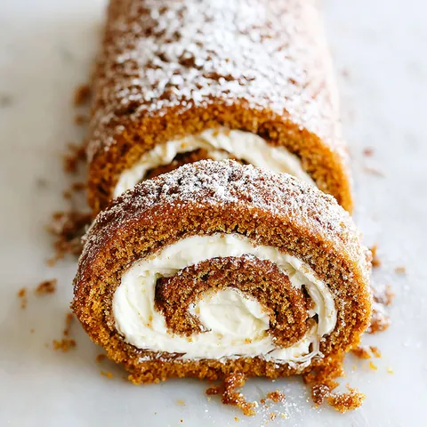 A roll of pumpkin bread with white frosting.