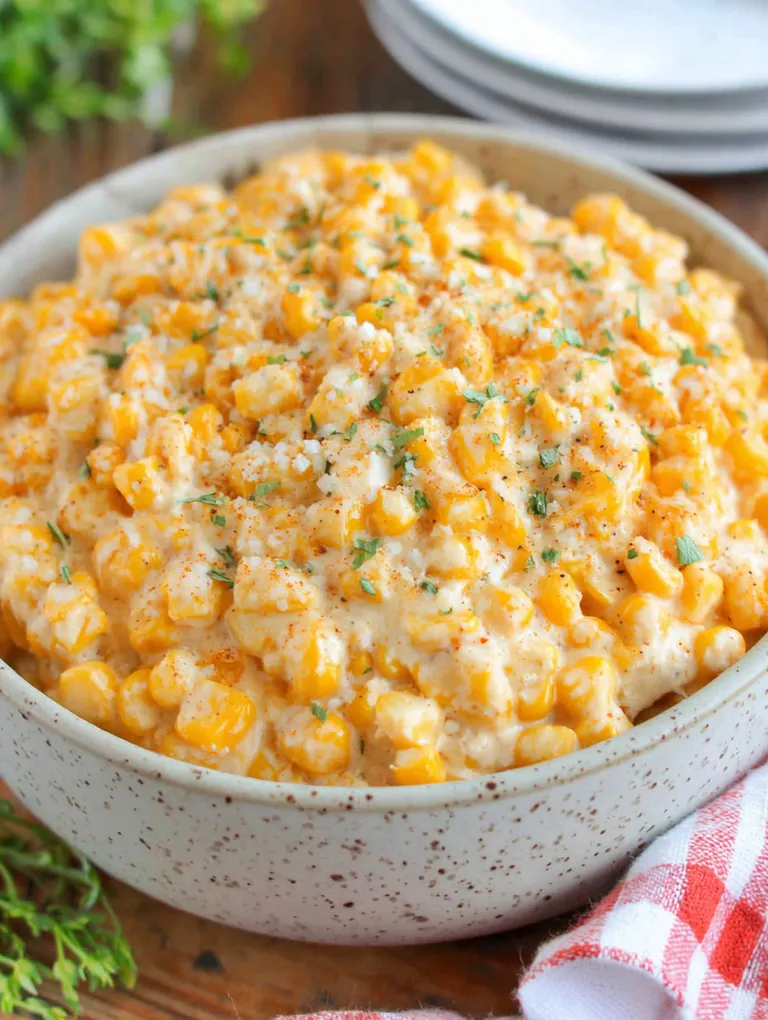 A bowl of creamed corn with corn and cheese.