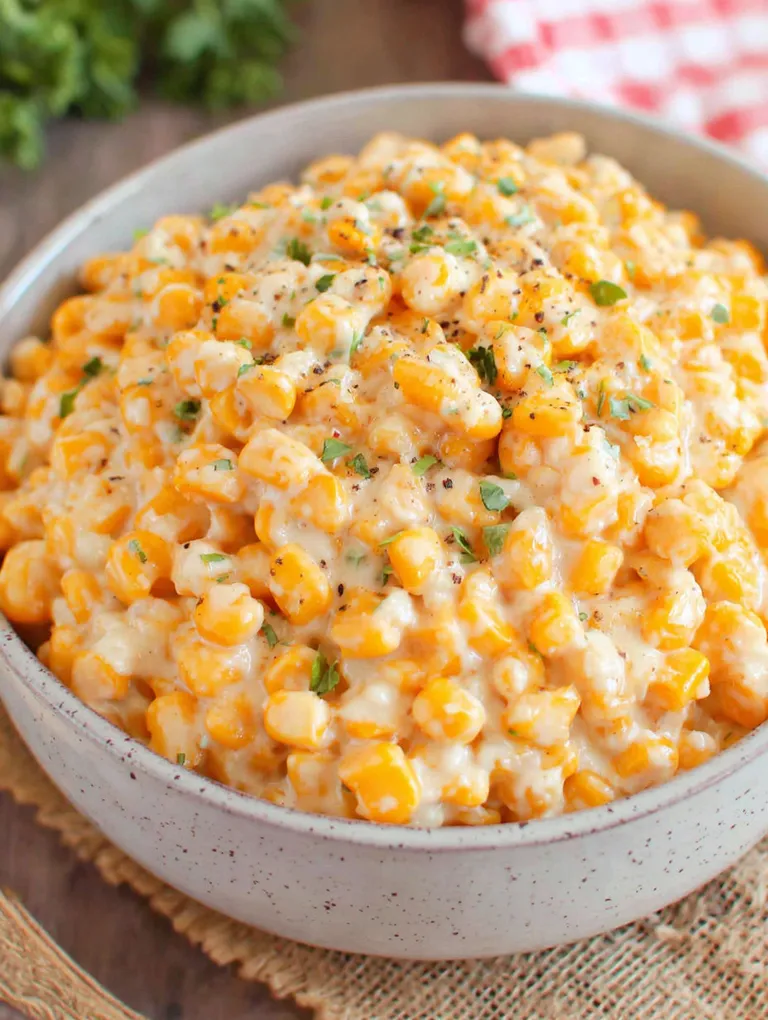 A bowl of creamed corn in a crock pot.