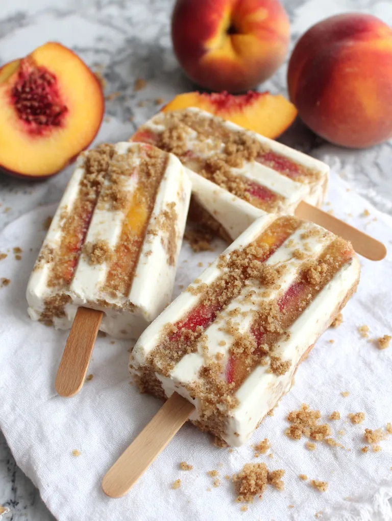 Peach streusel popsicles on a white cloth.