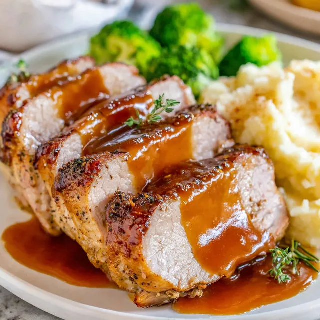 A plate of food with a pork loin roast and gravy.