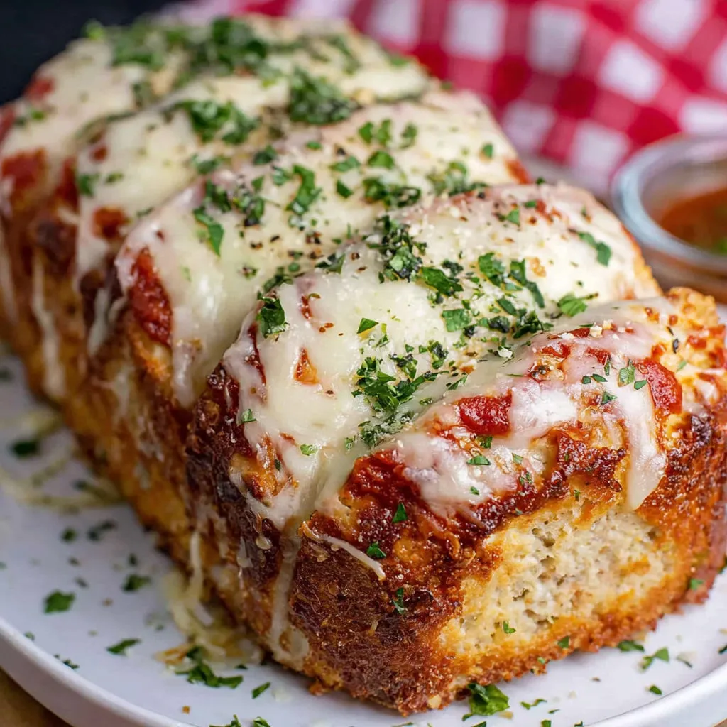 A delicious savory chicken Parmesan meatloaf.