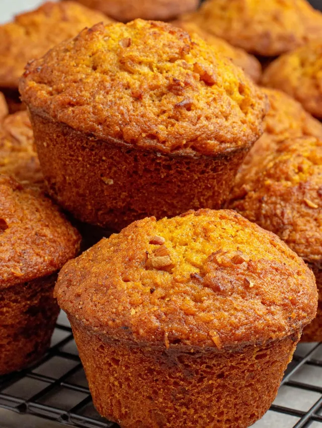 A tray of spiced fresh pumpkin muffins.