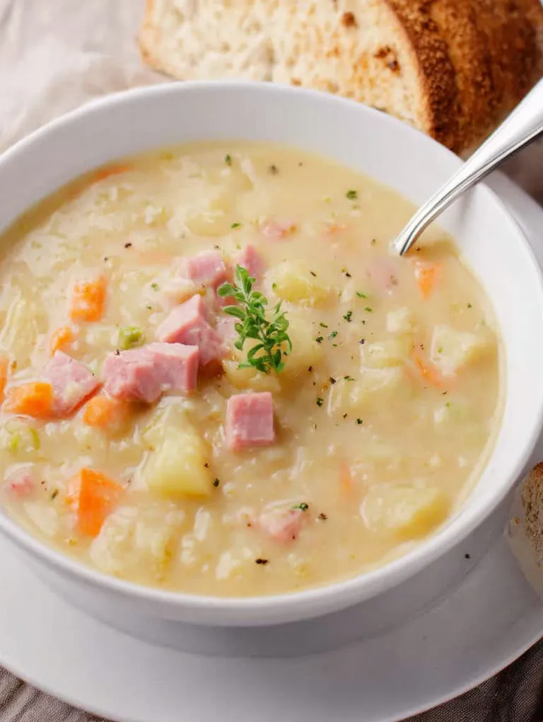 A bowl of soup with ham and potatoes.