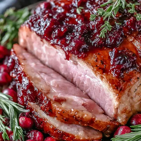 A glazed ham with cranberries and pine needles.