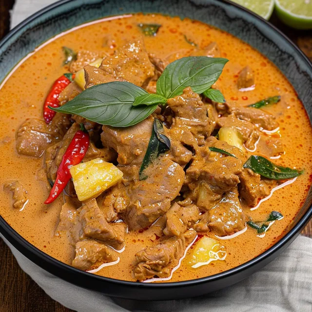 A bowl of red curry with meat and coconut milk.
