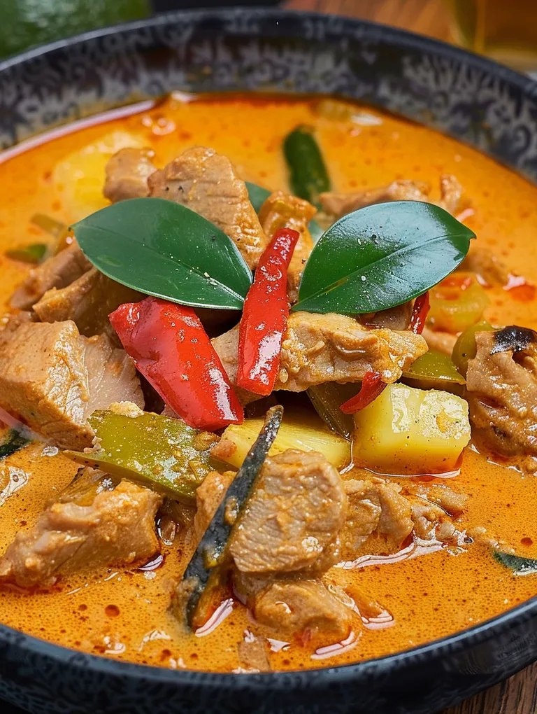 A bowl of red curry with meat and coconut milk.