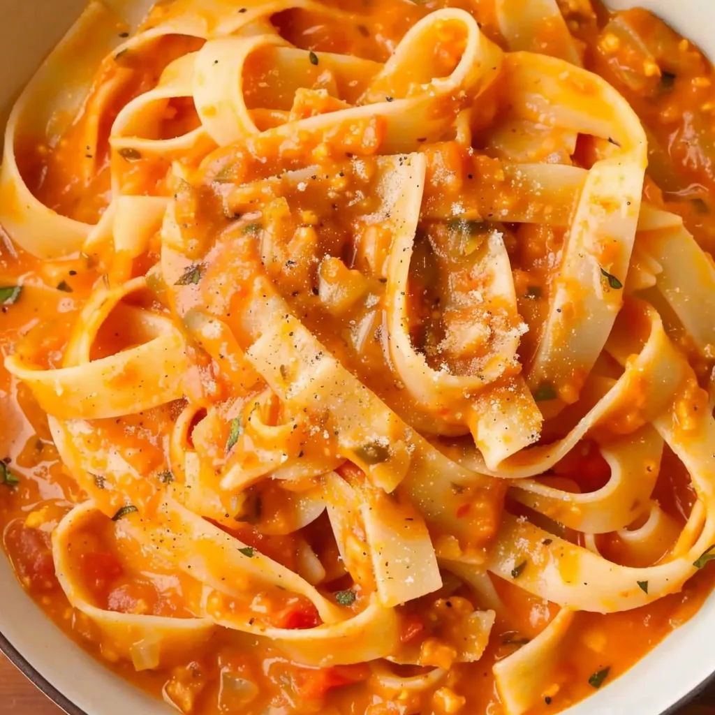 A bowl of pasta with a red sauce.