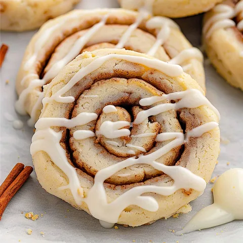 A cinnamon roll cookie with white icing.