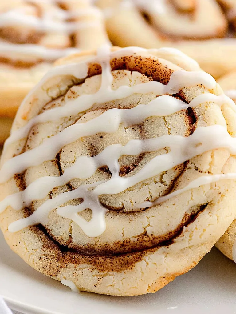 A cinnamon roll cookie with white icing.
