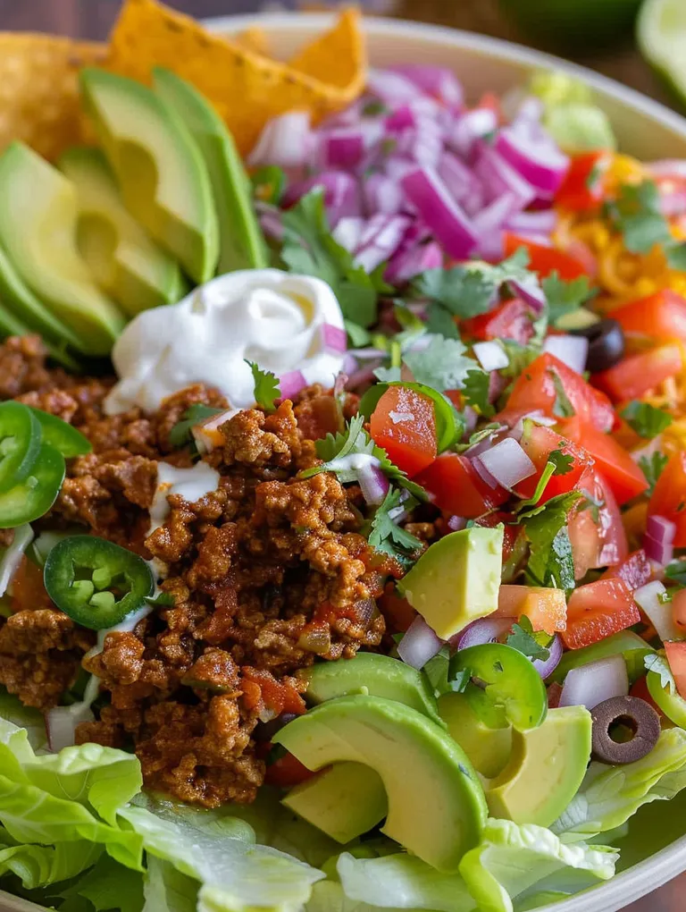 A colorful salad with meat, lettuce, tomatoes, and avocado.