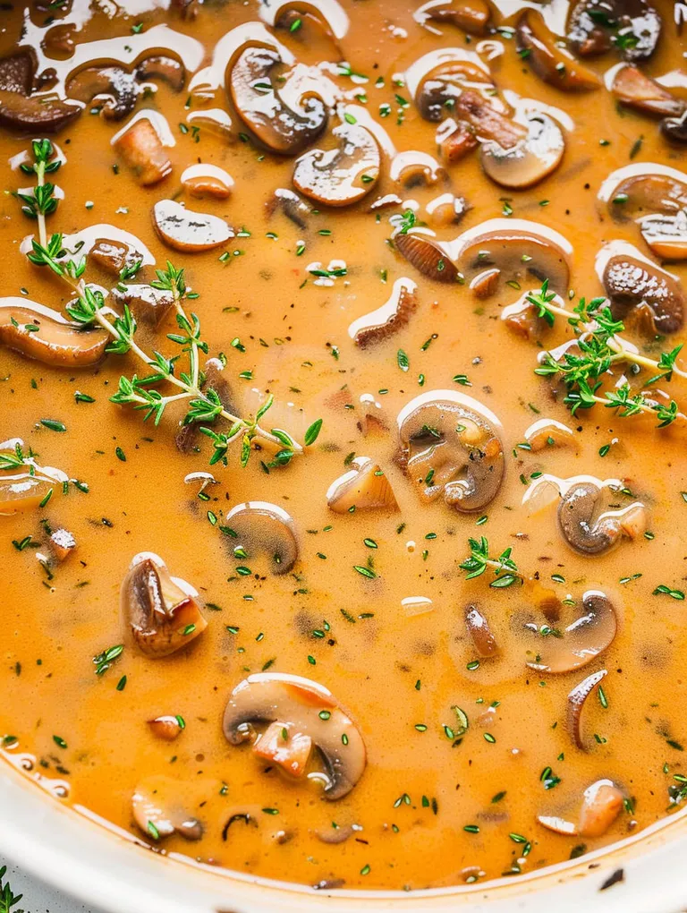 Mushroom gravy with mushrooms and herbs.