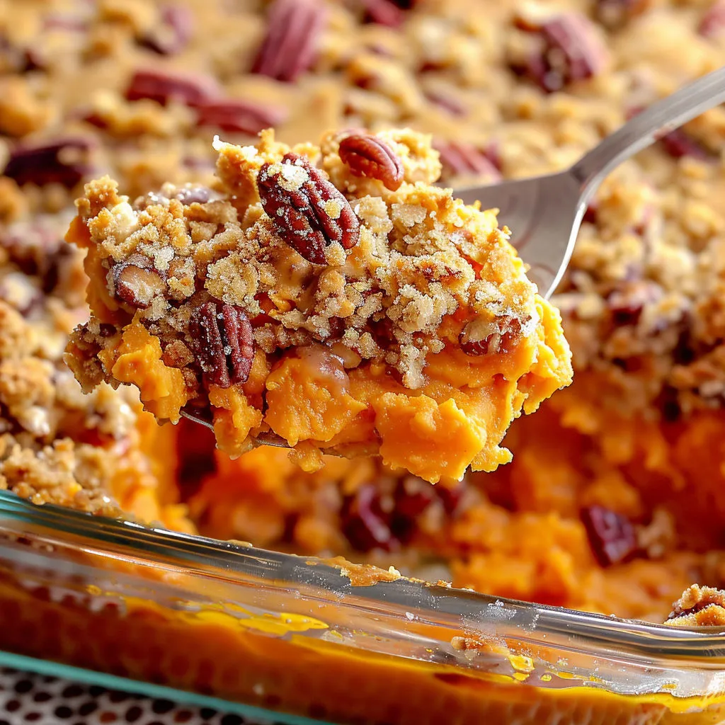 A fork is being used to pick up a piece of a sweet potato casserole.
