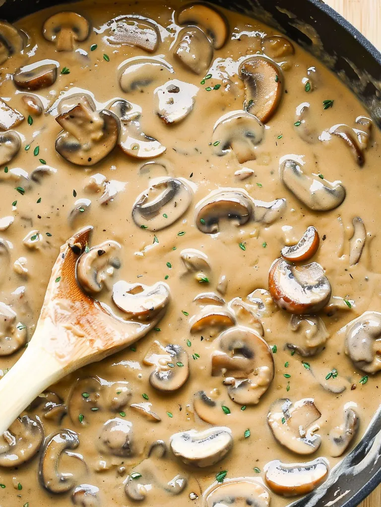 A spoon is in a creamy mushroom gravy.