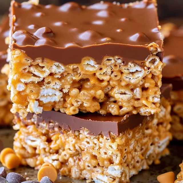 A close up of a piece of chocolate and caramel covered cereal.