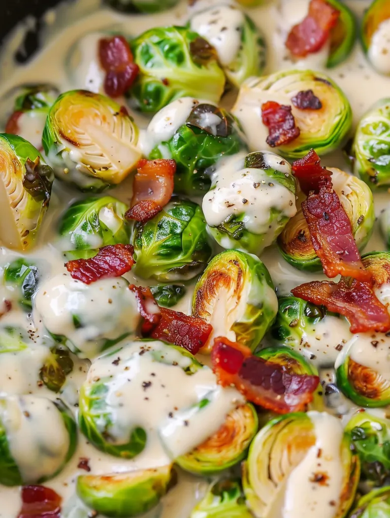 A close up of Brussels sprouts in Alfredo sauce.
