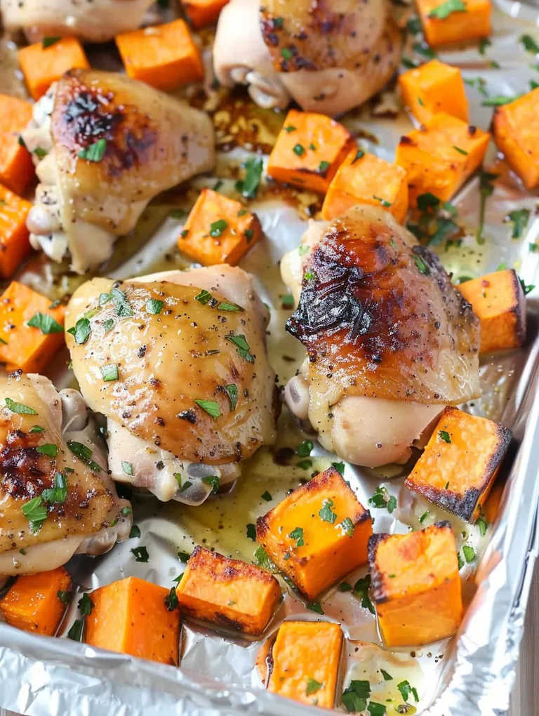 A pan of chicken thighs with sweet potatoes.