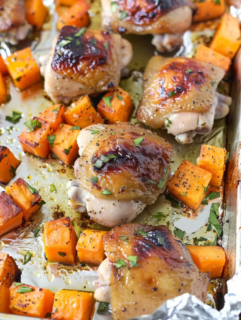 Chicken thighs with sweet potatoes and honey garlic sauce.