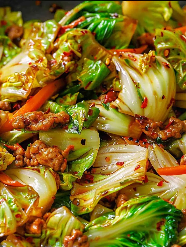 A dish of meat and vegetables, including cabbage and carrots, is served in a bowl.