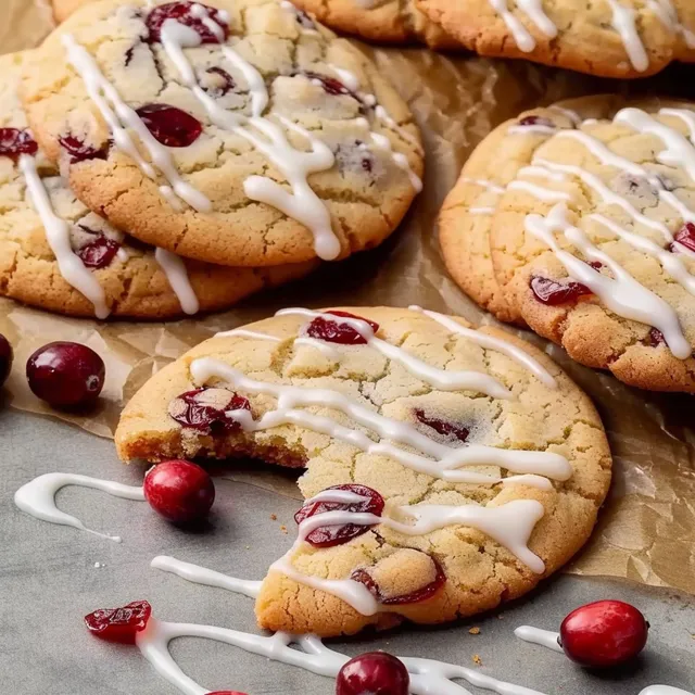 A close up of a cookie with white icing and red cranberries.