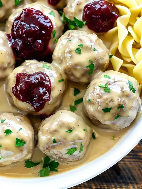 A plate of meatballs with sauce and green herbs.