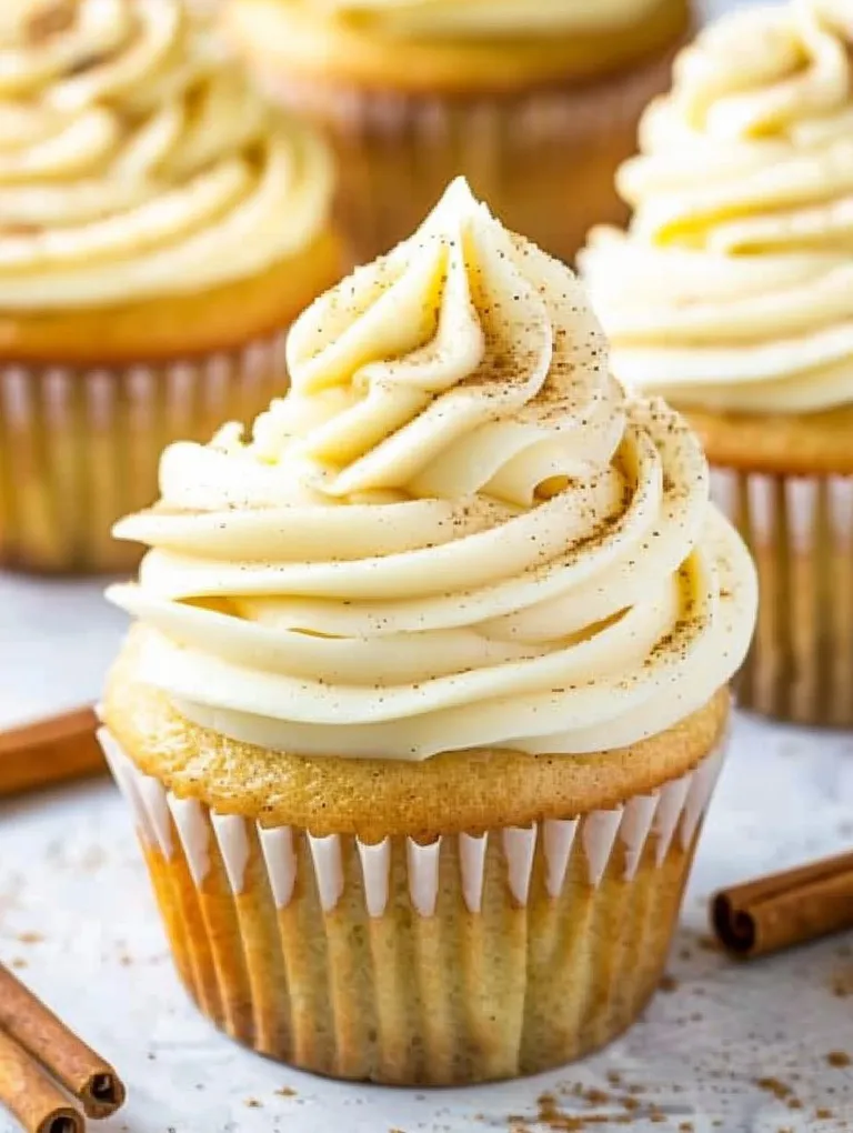A cupcake with white frosting and cinnamon sprinkled on top.