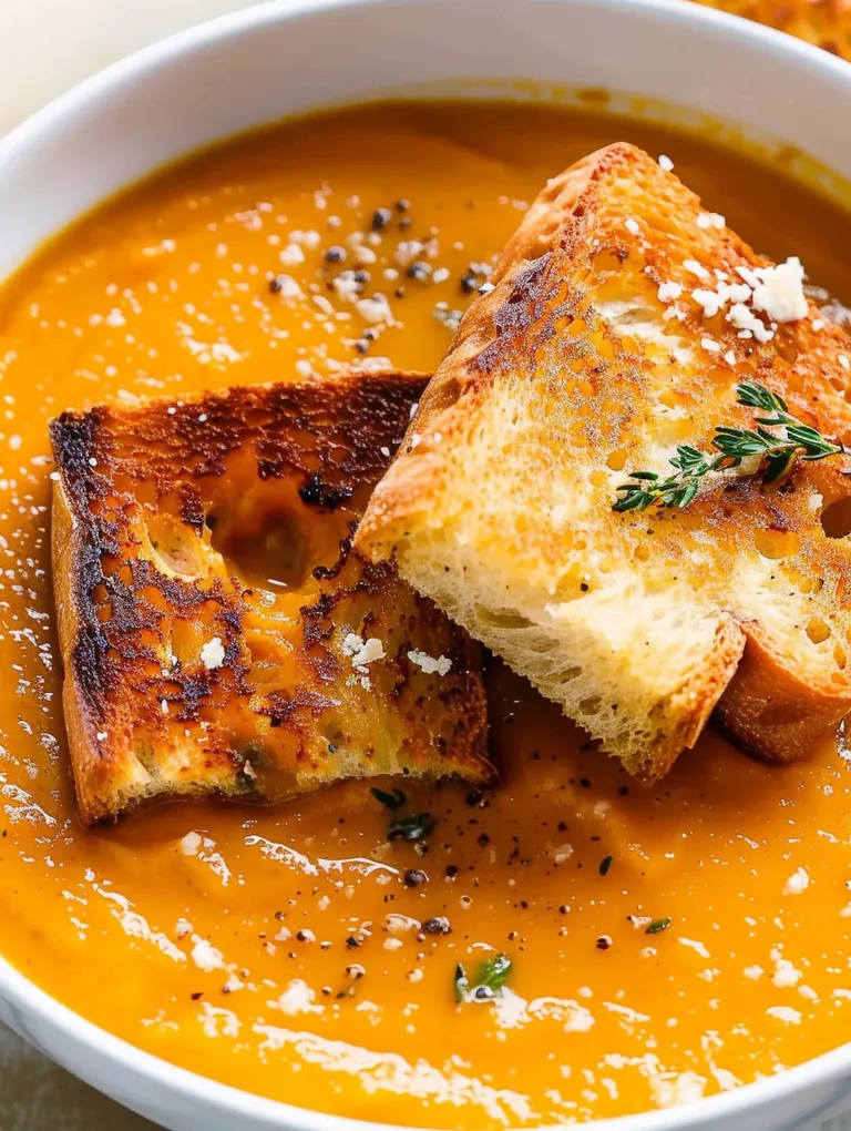 A bowl of spicy pumpkin soup with grilled cheese croutons on top.