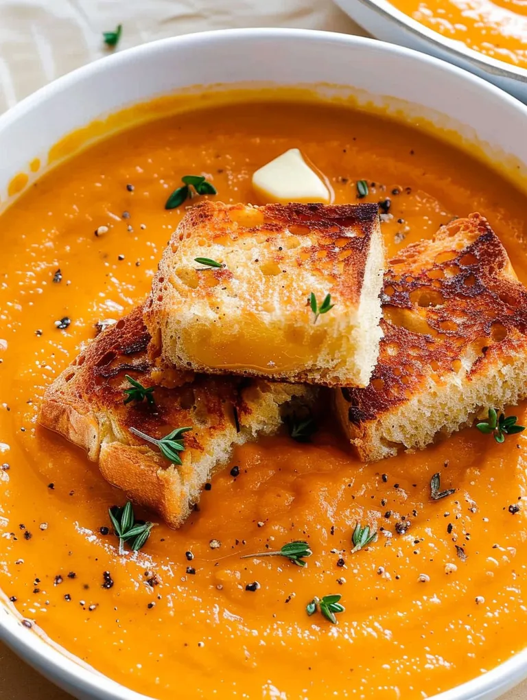 A bowl of soup with grilled cheese croutons on top.
