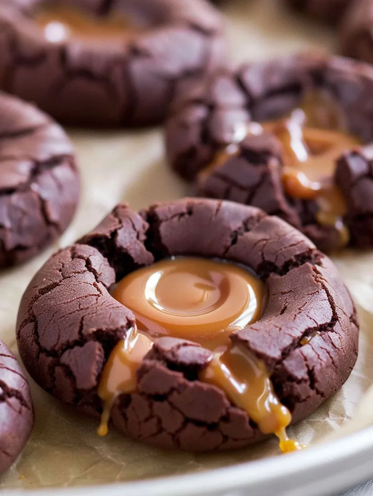 A close up of a chocolate caramel thumbprint cookie.