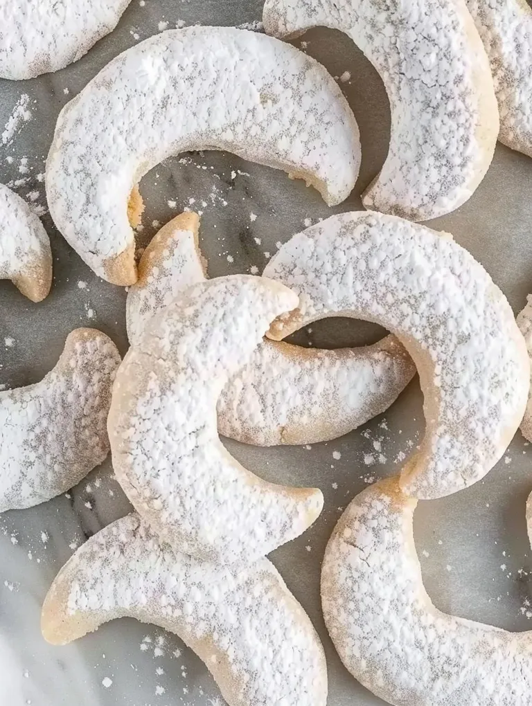 A pile of almond crescent cookies.