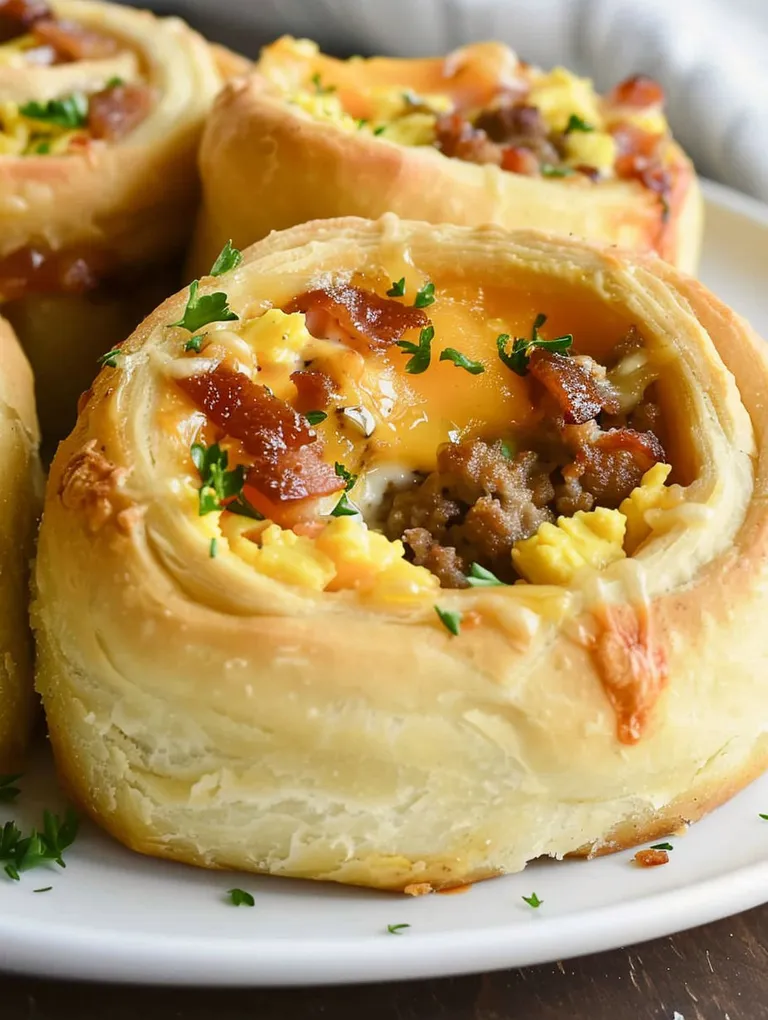 A plate of breakfast rolls with meat and cheese.
