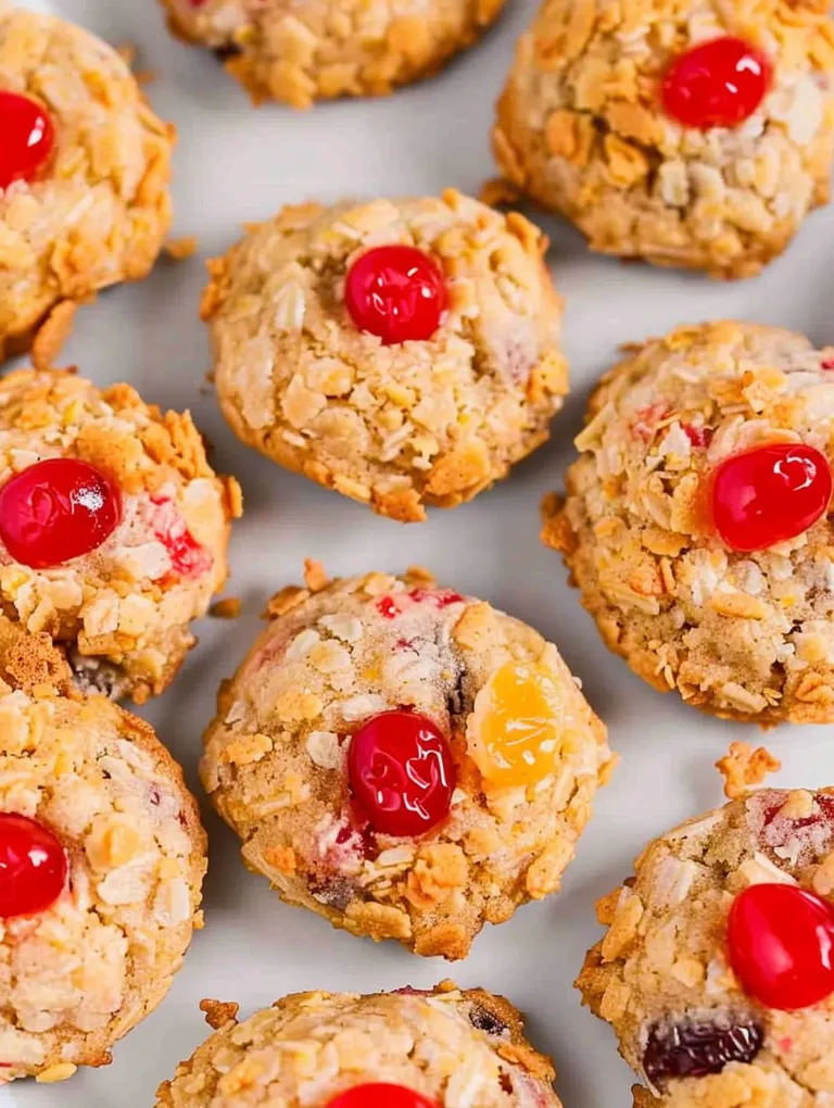 A plate of cookies with cherries on top.