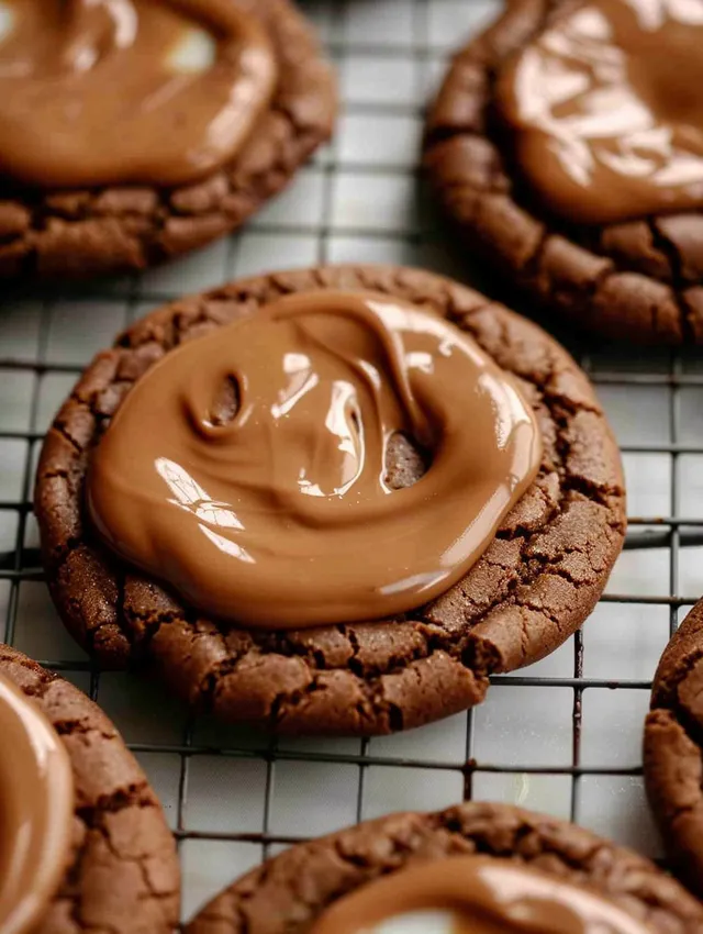 A close up of a chocolate cookie with caramel drizzled on top.