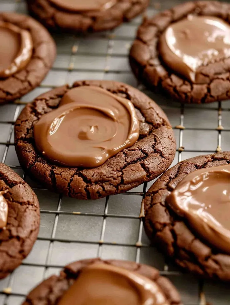 A close up of a chocolate cookie with chocolate drizzle.