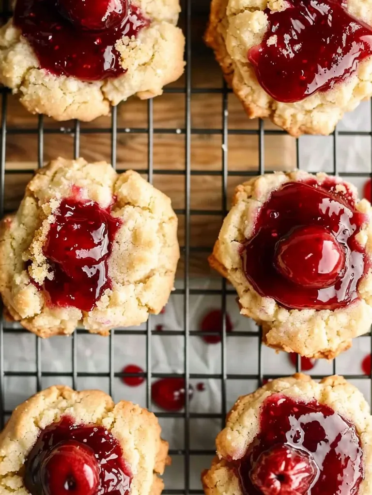 Cherry cheesecake cookies on a cooling rack.